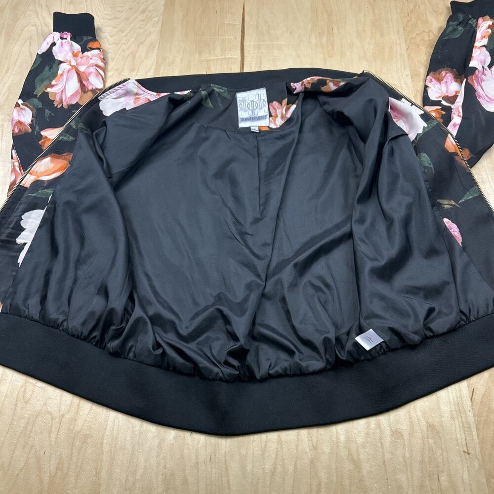 Jennifer Lopez Floral Bomber Jacket Black Pink Roses Zip Up Womens M Gold Zipper - Picture 10 of 12